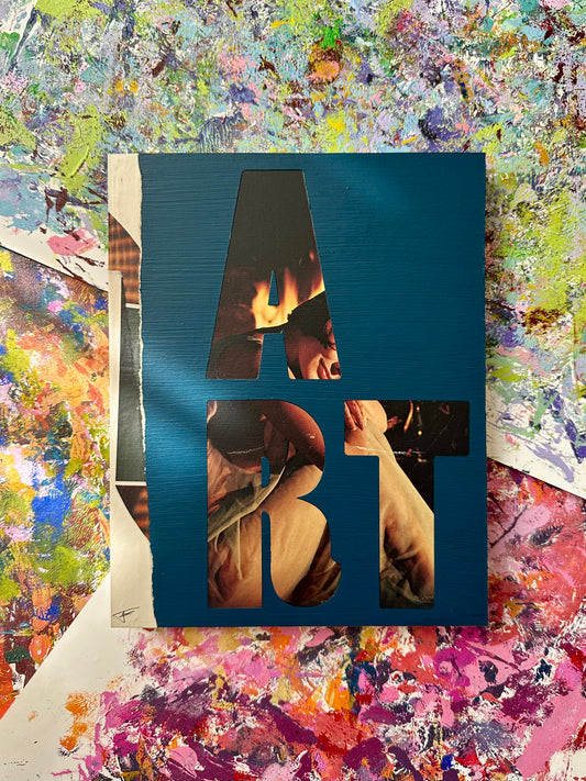 Mixed media collage over Frietzke’s pallet presses forming an abstract colorful background