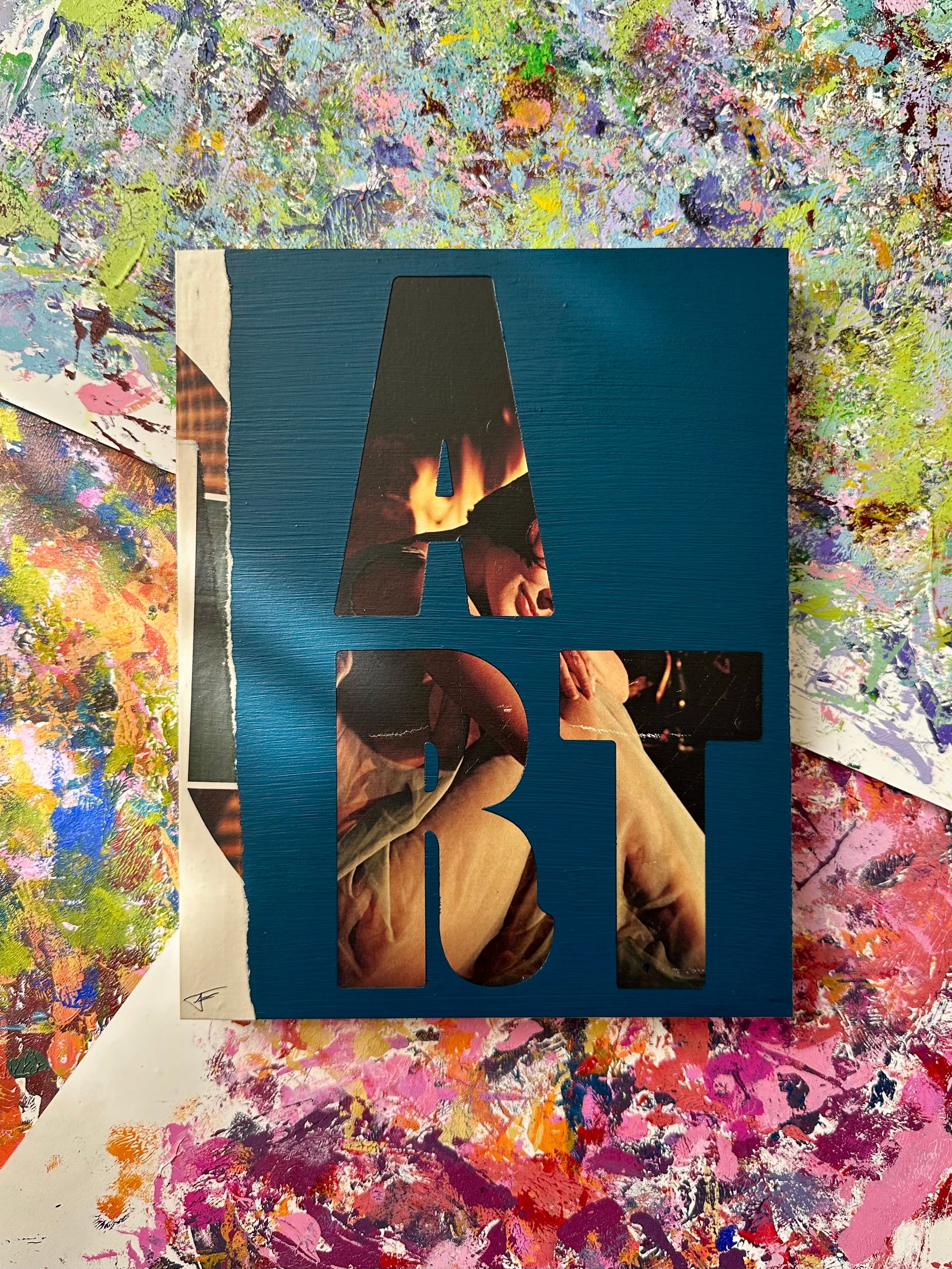 Mixed media collage over Frietzke’s pallet presses forming an abstract colorful background 